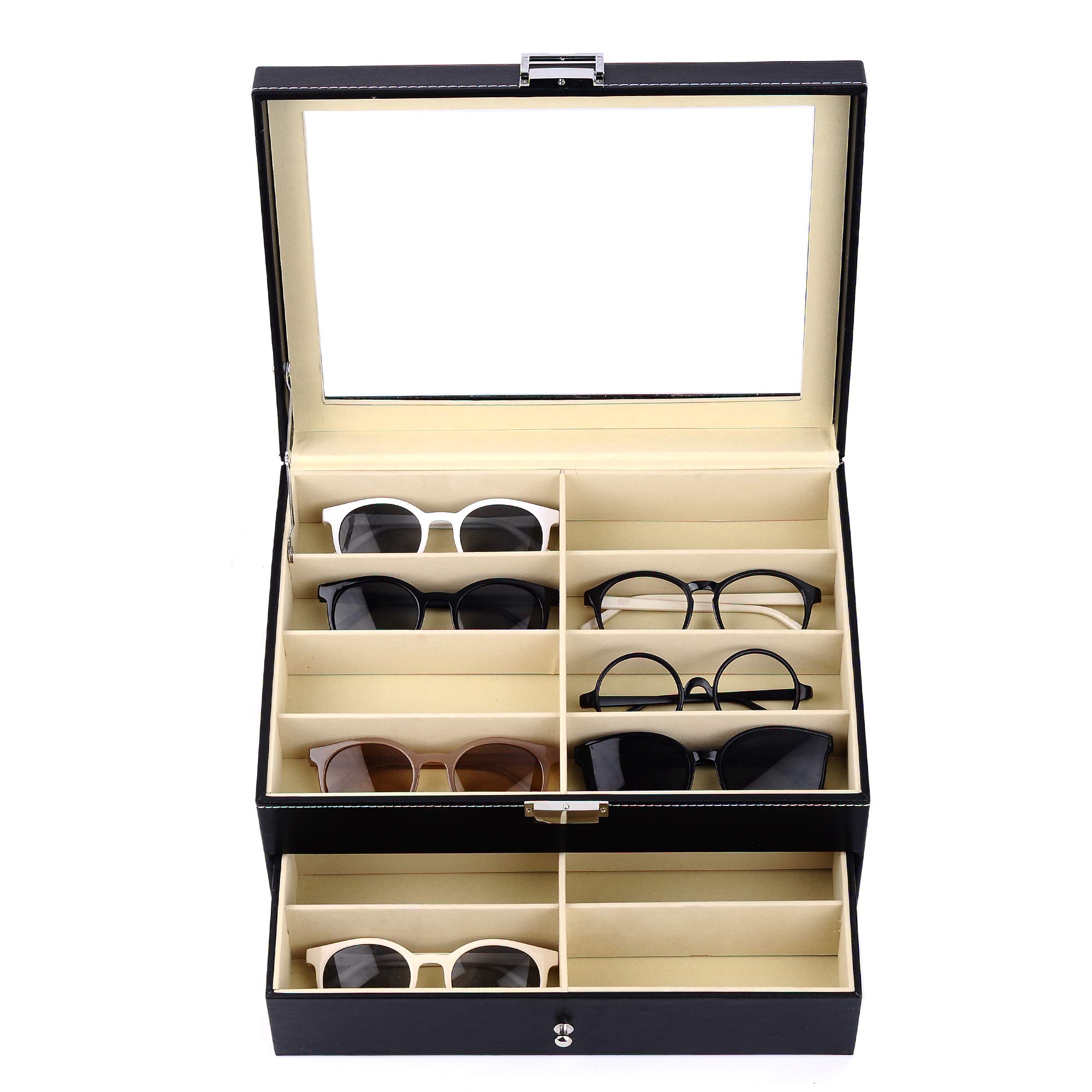 Siveit 16 Slot Sunglass Organizer Leather Eyeglasses Collector Eyewear Display Case Storage Box, Black