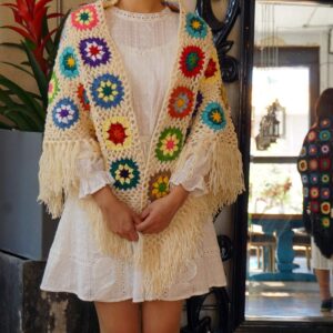 Hblanket Handmade Crochet tassels Shawls Wraps Granny Square Womens Coat Sweater 62x30in (white)