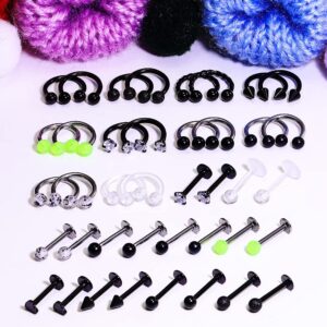 Prjndjw 16g Lip Rings Stainless Steel Horseshoe Labret Monroe Lip Rings Nail Tragus Helix Earrings Studs Ring Medusa Piercing Jewelry 8mm 40 Pcs Glow in the Dark Black