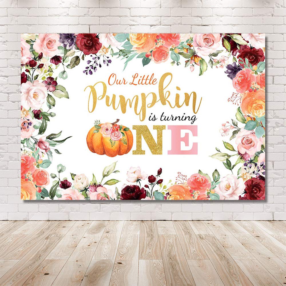 MEHOFOTO Fall Pumpkin Girl Birthday Party Photo Background Banner Autumn Floral Our Little Pumpkin Princess Happy 1st Birthday Pink Gold Backdrops Props for Cake Table Supplies 5x3ft