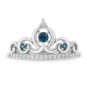 Jewelili Enchanted Disney Fine Jewelry Sterling Silver 2.7MM and 1.7MM Round Cut London Blue Topaz with 1/6 Cttw Natural White Round Diamonds Cinderella Tiara Ring Size 6