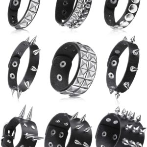 Hicarer 9 Pieces Spiked Studded Bracelet Black Leather Rivet Punk Bracelet Cuff Wrap Bangle Snap Button Metal Wristband for Men Women (Classic Style)