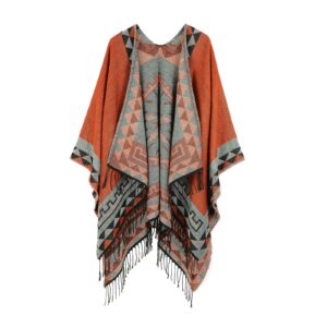 womens blanket shawls wraps winter printed open front poncho cape plaid shawls for women orange-series 25