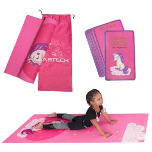 Kids Yoga Mat Set - Fun Unicorn Yoga Mat for Girls - Comfortable - Chemical Free - Non-Toxic - Non-Slip - 60 X 24 X 0.2 Inches - w/ 12 Yoga Cards for Kids - Carrier Bag with Strap - Pink - Ages 4-12