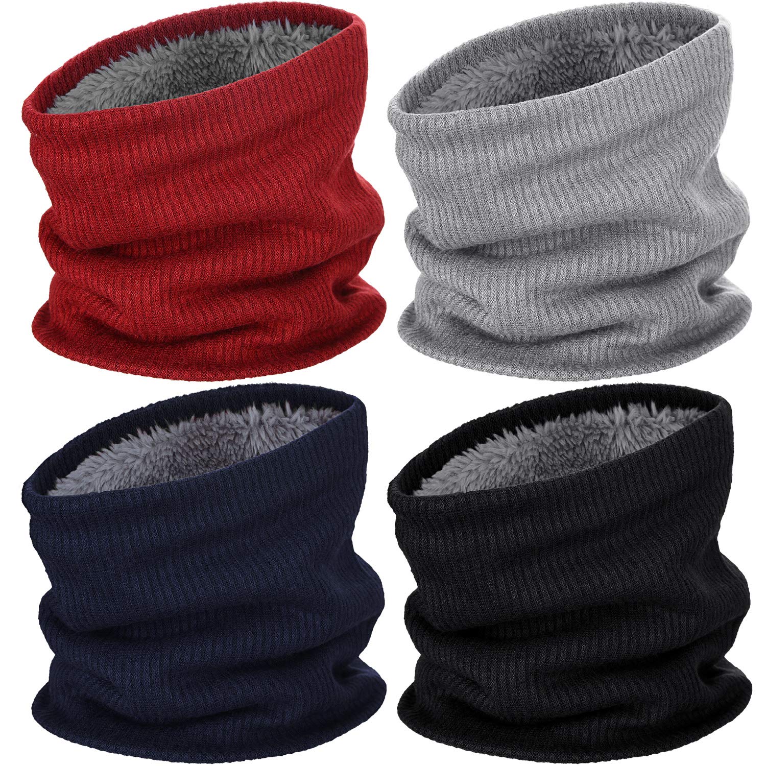 Syhood 4 Pieces Winter Neck Warmer Fleece Tube Scarf Thicken Knitted Windproof Bandana for Men and Women (Wine Red, Black, Navy Blue, Light Gray)