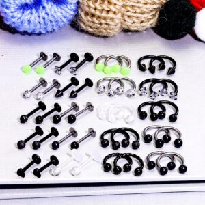 Prjndjw 16g Lip Rings Stainless Steel Horseshoe Labret Monroe Lip Rings Nail Tragus Helix Earrings Studs Ring Medusa Piercing Jewelry 8mm 40 Pcs Glow in the Dark Black