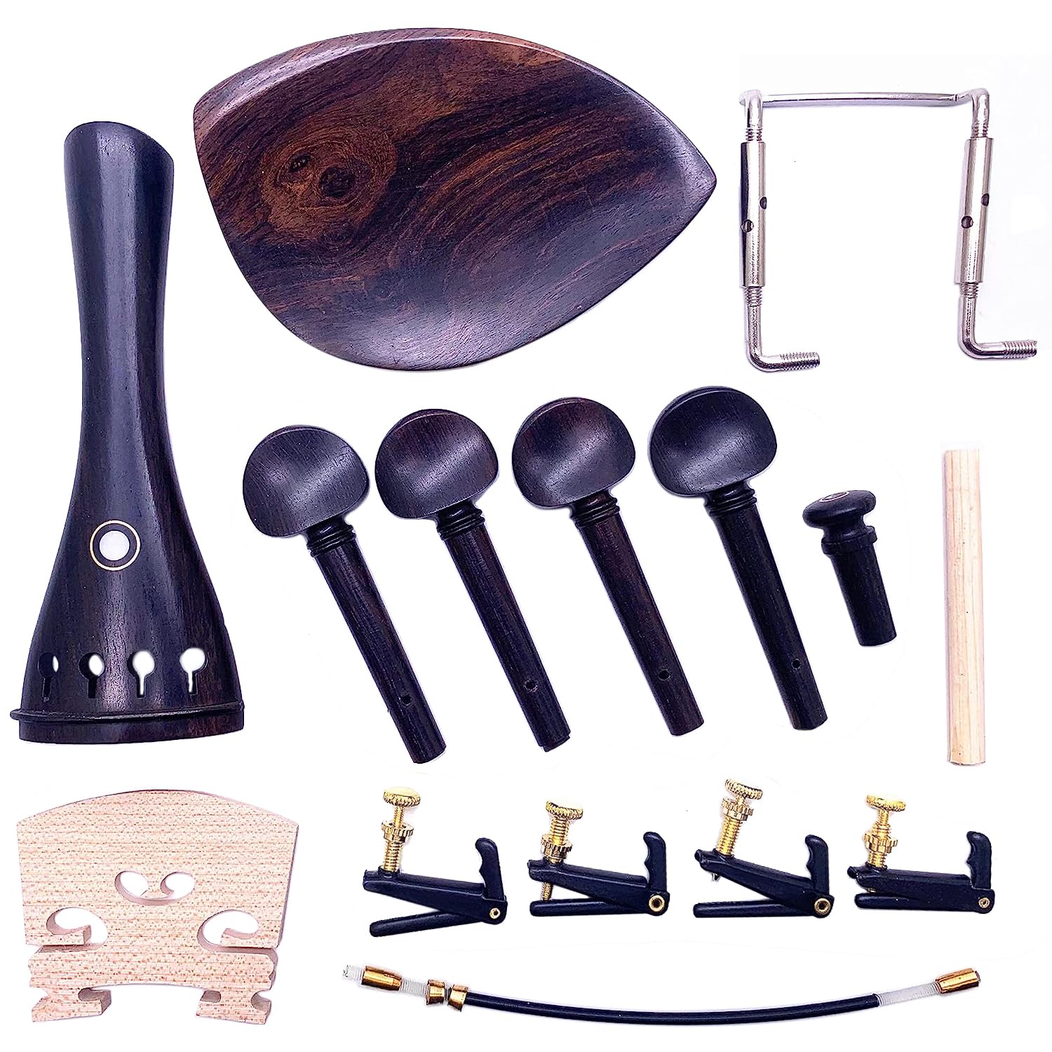 Jiayouy 15Pcs 4/4-3/4 Size Violin Fiddle Accessories Kit with 4 Tuning Pegs Tailpiece Tail Gut 4 Fine Tuners Endpin Sound Post Bridge Chin Rest Replacement Parts Ebony Wooden