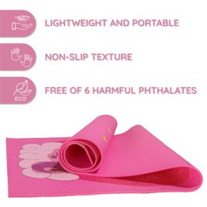 Kids Yoga Mat Set - Fun Unicorn Yoga Mat for Girls - Comfortable - Chemical Free - Non-Toxic - Non-Slip - 60 X 24 X 0.2 Inches - w/ 12 Yoga Cards for Kids - Carrier Bag with Strap - Pink - Ages 4-12