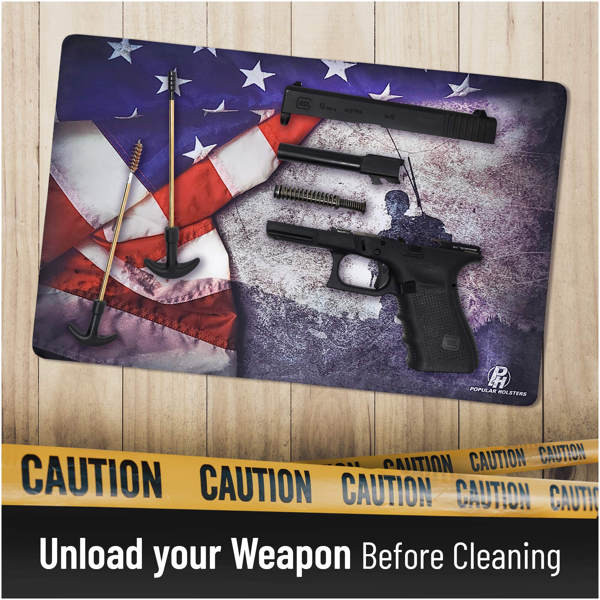 Gun Cleaning Mat by PH - Measures 11" x 17" 3 mm Thick - Oil and Solvent Resistant Padded Non-Slip - Compatible with Compact to Large Guns - for Maintenance or Repairs to Your Firearm (Flag+Soldier)