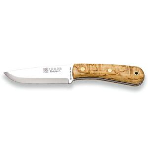 joker knife mountaineer s cl135, 4.3 in. blade sandvik 14c28n, curly birch handle, brown leather sheath, tool for fishing, hunting, camping and hiking