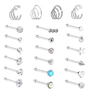 N/D 20G 30Pcs Nose Ring, CZ L Bone Screw Shape Nose Studs, Stainless Steel Body Piercing Jewelry, Women Men Silver Tone