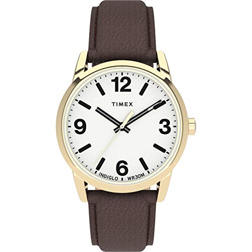 Timex Men's Easy Reader Bold 38mm Watch – Gold-Tone Case White Dial with Brown Leather Strap