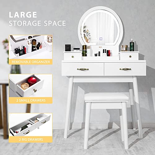 VIVOHOME Vanity Set with 3-Color Dimmable Lighted Mirror, Makeup Dressing Table with Drawers, Padded Stool, White