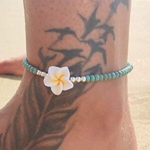 Boho Beaded Anklet for Women and Teen Girls, Unique Bohemian Turquoise and Sterling Silver Beaded Anklet with Hawaii Hawaiian Plumeria Flower, Handmade by Tribes