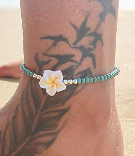 Boho Beaded Anklet for Women and Teen Girls, Unique Bohemian Turquoise and Sterling Silver Beaded Anklet with Hawaii Hawaiian Plumeria Flower, Handmade by Tribes