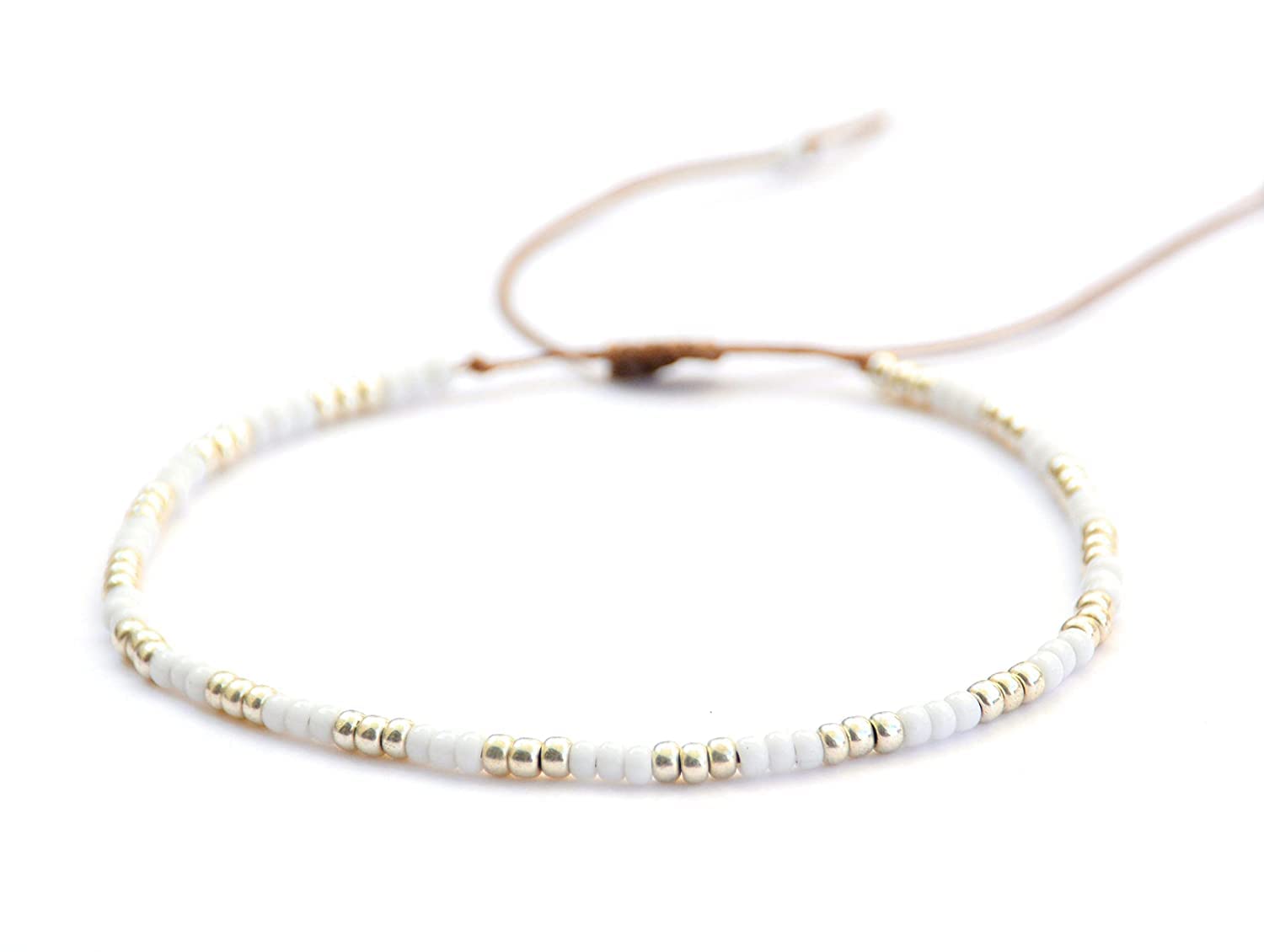 Beaded Anklet for Women, Boho Native American Style, Unique White & Silver Hippie Beach Waterproof Anklet, Handmade by Tribes (S-M (adjustable))