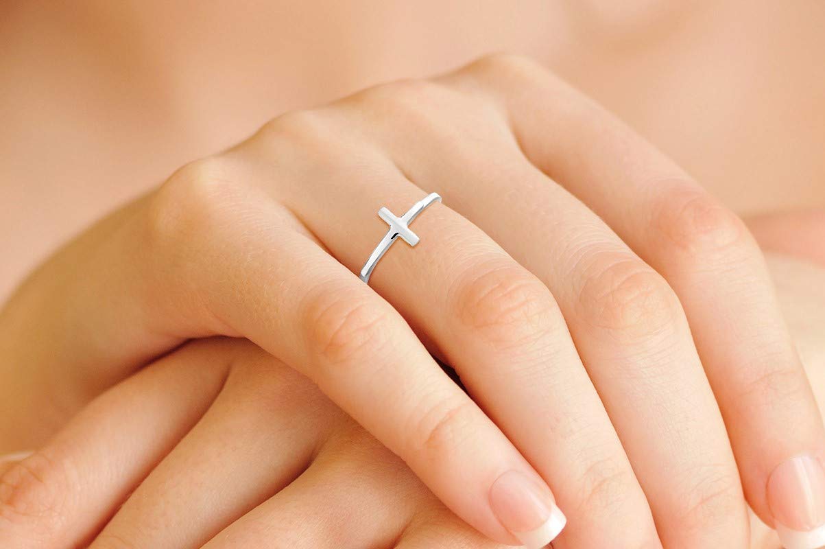 Miabella 925 Sterling Silver or 18K Gold Over Silver Sideways Cross Ring for Women Made in Italy (sterling silver, 7)