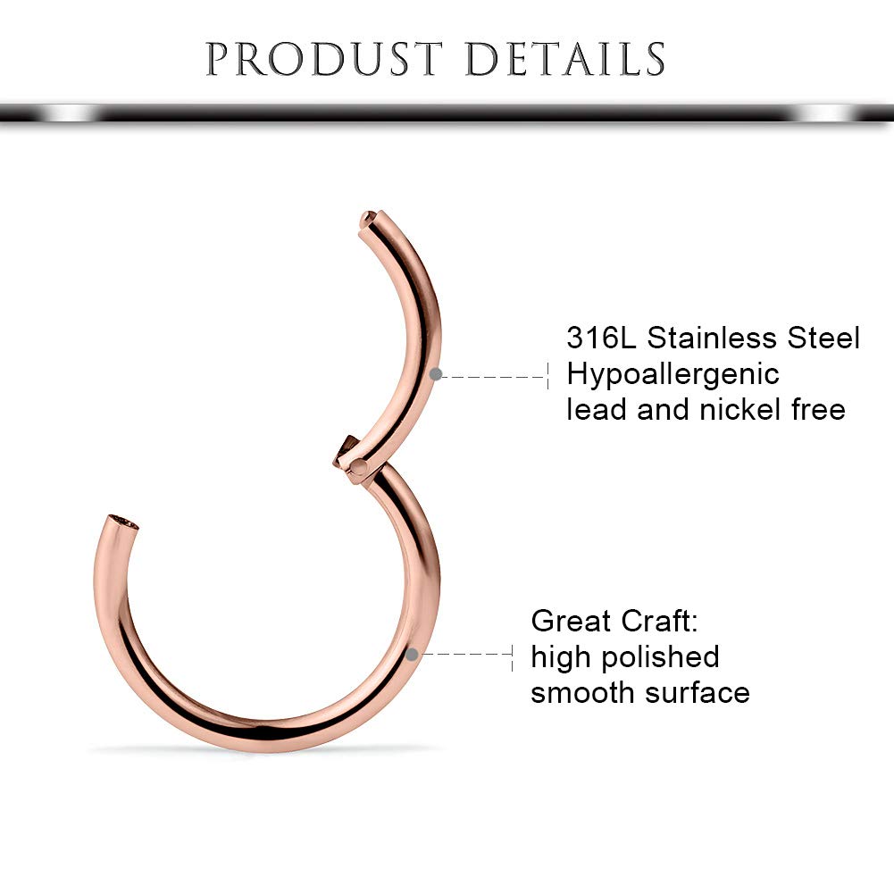 Hoeudjo Surgical Steel Hinged Clicker Segment Nose Rings Septum Clicker 16g 8mm Body Jewelry Lip Ear Piercing Earrings for Cartilage Helix Tragus Conch Daith Rook Lobe Snake Bite Women Men Rose Gold