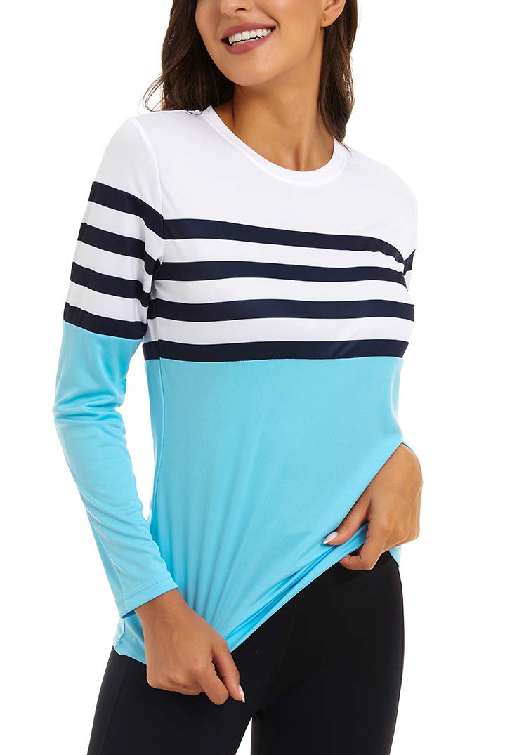 NEYOUQE Women's Summer Fall Comfort Colors Lovely Striped Long Sleeve Pullover Crewneck Travel Under Shirt Soft Aesthetic SPF Clothing Lake Blue S