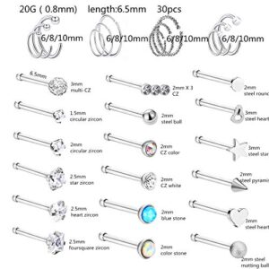 N/D 20G 30Pcs Nose Ring, CZ L Bone Screw Shape Nose Studs, Stainless Steel Body Piercing Jewelry, Women Men Silver Tone