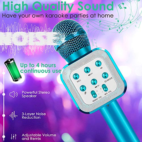 KIDWILL Wireless Bluetooth Karaoke Microphone for Kids, 5-in-1 Portable Handheld Karaoke Mic Speaker Player Recorder with LED Lights for Kids Girls Boys Teens Birthday (1818-Blue)