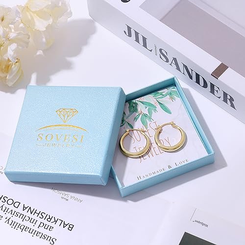 sovesi Chunky Gold Hoop Earrings for Women with 925 Sterling Silver Post, 14K Gold Plated Small Hoop Earrings for Women 18mm