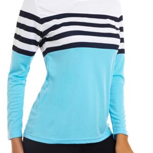 NEYOUQE Women's Summer Fall Comfort Colors Lovely Striped Long Sleeve Pullover Crewneck Travel Under Shirt Soft Aesthetic SPF Clothing Lake Blue S