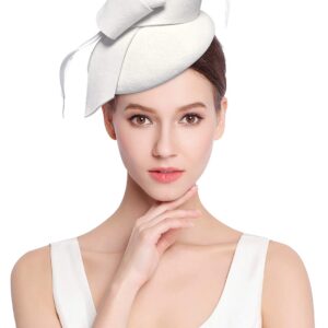 Z&X Wool Felt Fascinator Winter Women Elegant Pillbox Hat Bowknot Kentucky Derby Church Hat Retro Fedoras White