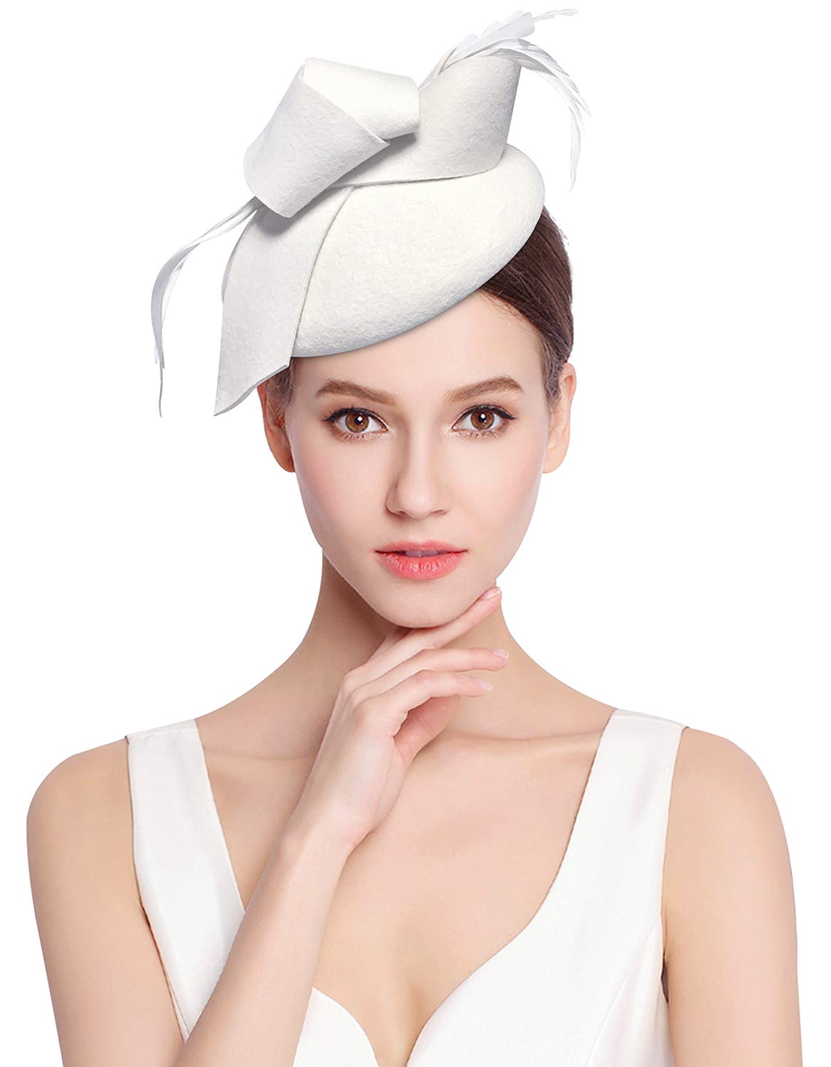 Z&X Wool Felt Fascinator Winter Women Elegant Pillbox Hat Bowknot Kentucky Derby Church Hat Retro Fedoras White