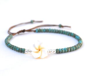 boho beaded anklet for women and teen girls, unique bohemian turquoise and sterling silver beaded anklet with hawaii hawaiian plumeria flower, handmade by tribes