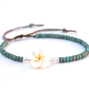 Boho Beaded Anklet for Women and Teen Girls, Unique Bohemian Turquoise and Sterling Silver Beaded Anklet with Hawaii Hawaiian Plumeria Flower, Handmade by Tribes