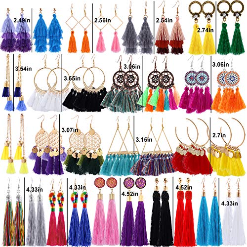 AROIC 32 Pairs Tassel Earrings with Colorful Tassel Long Layered Dangle Hoop Tiered Thread Earrings Set for Women Jewelry Fashion and Valentine Birthday Party Gift