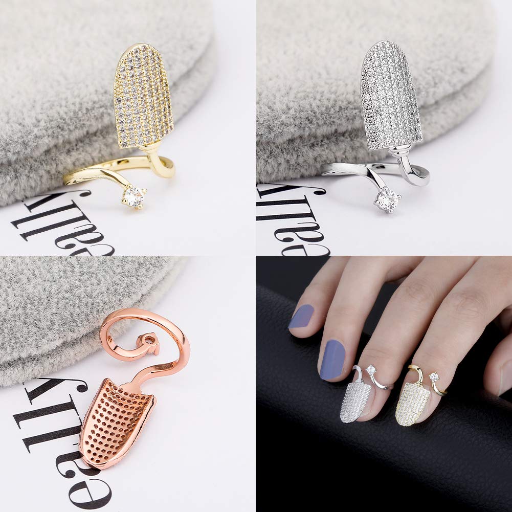 JINAO 14K 6 Times Gold Platinum Plated Full Bling Iced Out CZ Women Fashion Finger Nail Ring for women Unique Fingernail Protective Nail Cap Cover Ring (White Gold)