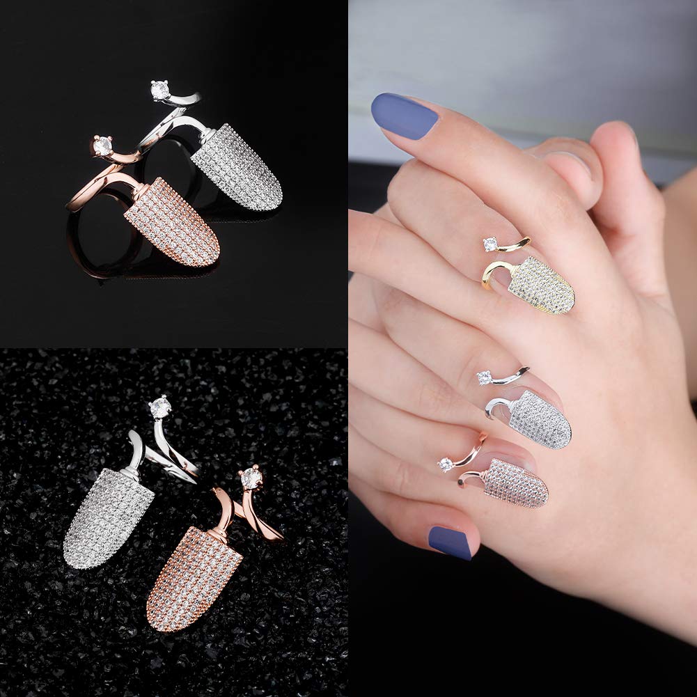 JINAO 14K 6 Times Gold Platinum Plated Full Bling Iced Out CZ Women Fashion Finger Nail Ring for women Unique Fingernail Protective Nail Cap Cover Ring (White Gold)