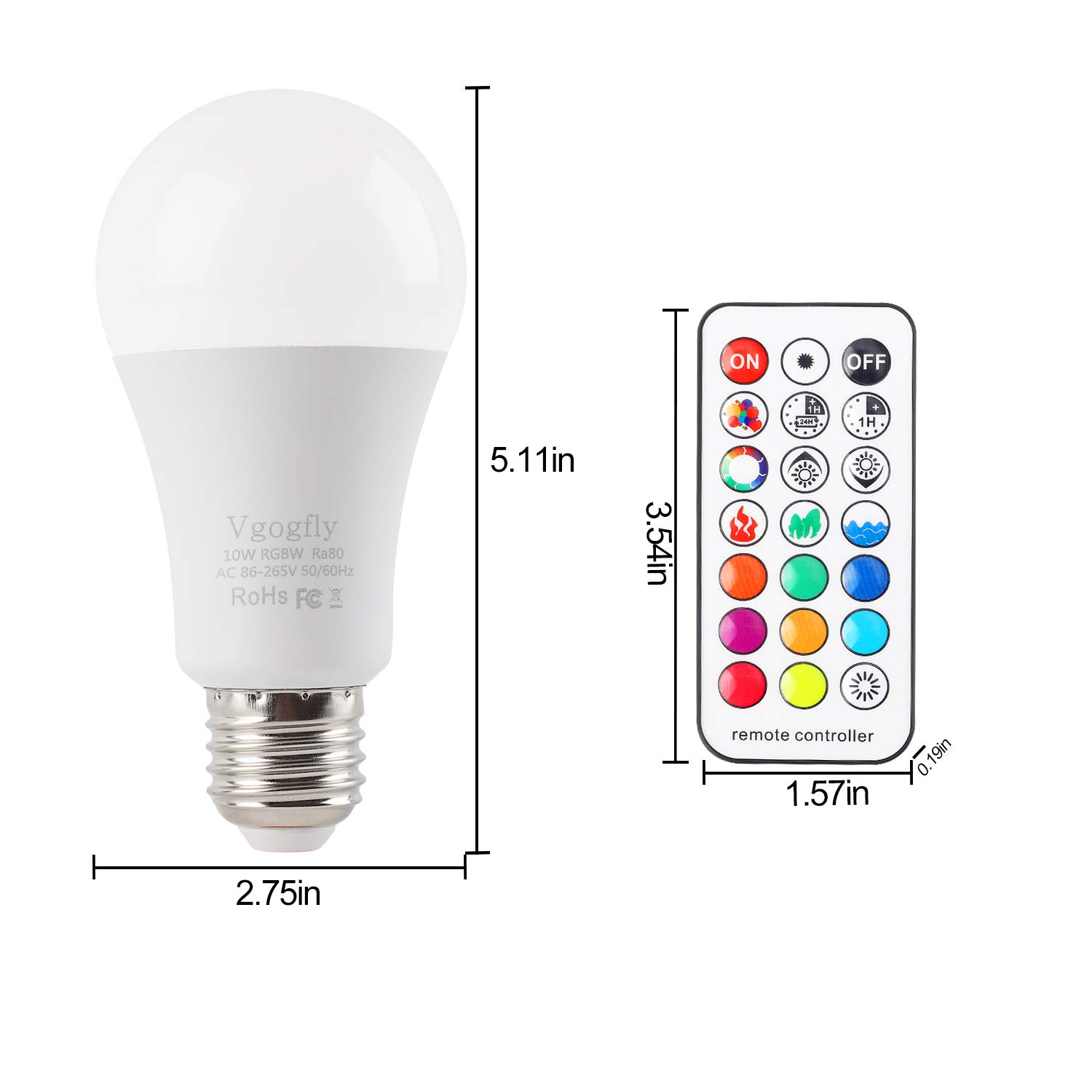 Vgogfly RGB Led Light Bulbs 10W Color Changing Light Bulb with Remote Control 5000k Daylight White (2 Pack)