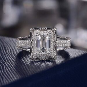 XIALV Exquisite Plated Silver Emerald Cut Square Cubic Zirconia Bridal Engagement Halo Ring for Women (US code 6)