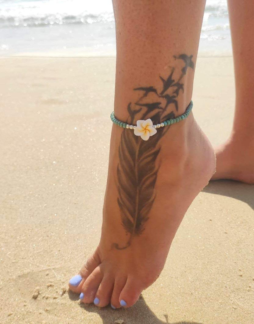 Boho Beaded Anklet for Women and Teen Girls, Unique Bohemian Turquoise and Sterling Silver Beaded Anklet with Hawaii Hawaiian Plumeria Flower, Handmade by Tribes