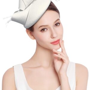 Z&X Wool Felt Fascinator Winter Women Elegant Pillbox Hat Bowknot Kentucky Derby Church Hat Retro Fedoras White