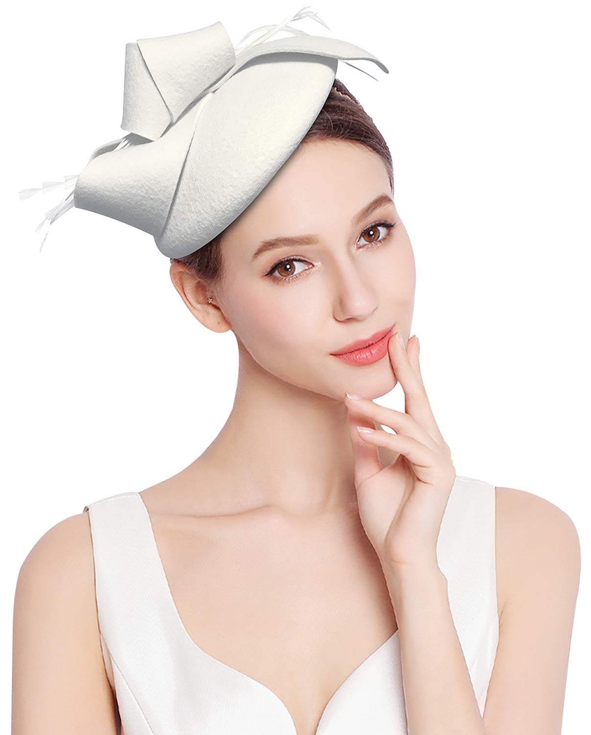 Z&X Wool Felt Fascinator Winter Women Elegant Pillbox Hat Bowknot Kentucky Derby Church Hat Retro Fedoras White