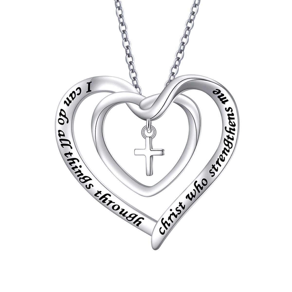 DAOCHONG S925 Sterling Silver Cross Heart Inspirational Christian Faith Bible Verse Pendant Necklace for Women Teen