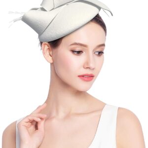 Z&X Wool Felt Fascinator Winter Women Elegant Pillbox Hat Bowknot Kentucky Derby Church Hat Retro Fedoras White