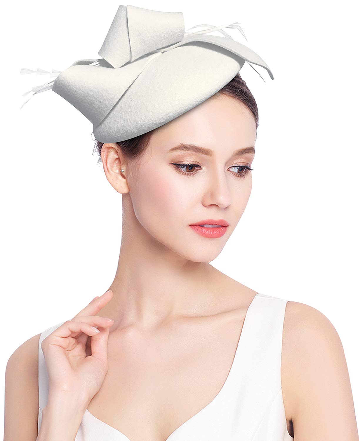 Z&X Wool Felt Fascinator Winter Women Elegant Pillbox Hat Bowknot Kentucky Derby Church Hat Retro Fedoras White