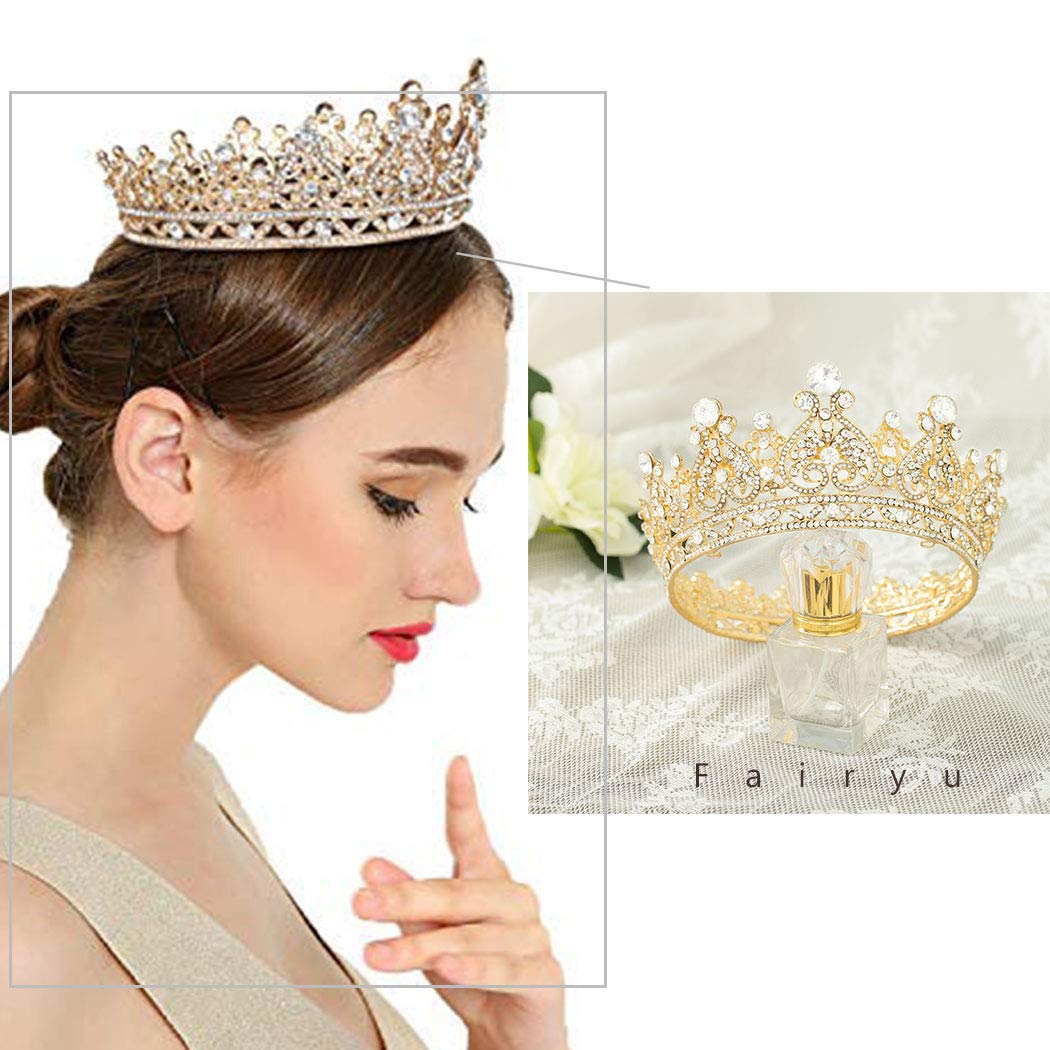 Foyte Baroque Queen Crown Gold Bride Rhinestone Wedding Crown Tiaras Crystal Hair Accessories for Women