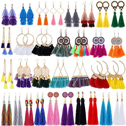 AROIC 32 Pairs Tassel Earrings with Colorful Tassel Long Layered Dangle Hoop Tiered Thread Earrings Set for Women Jewelry Fashion and Valentine Birthday Party Gift