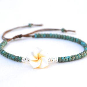 Boho Beaded Anklet for Women and Teen Girls, Unique Bohemian Turquoise and Sterling Silver Beaded Anklet with Hawaii Hawaiian Plumeria Flower, Handmade by Tribes