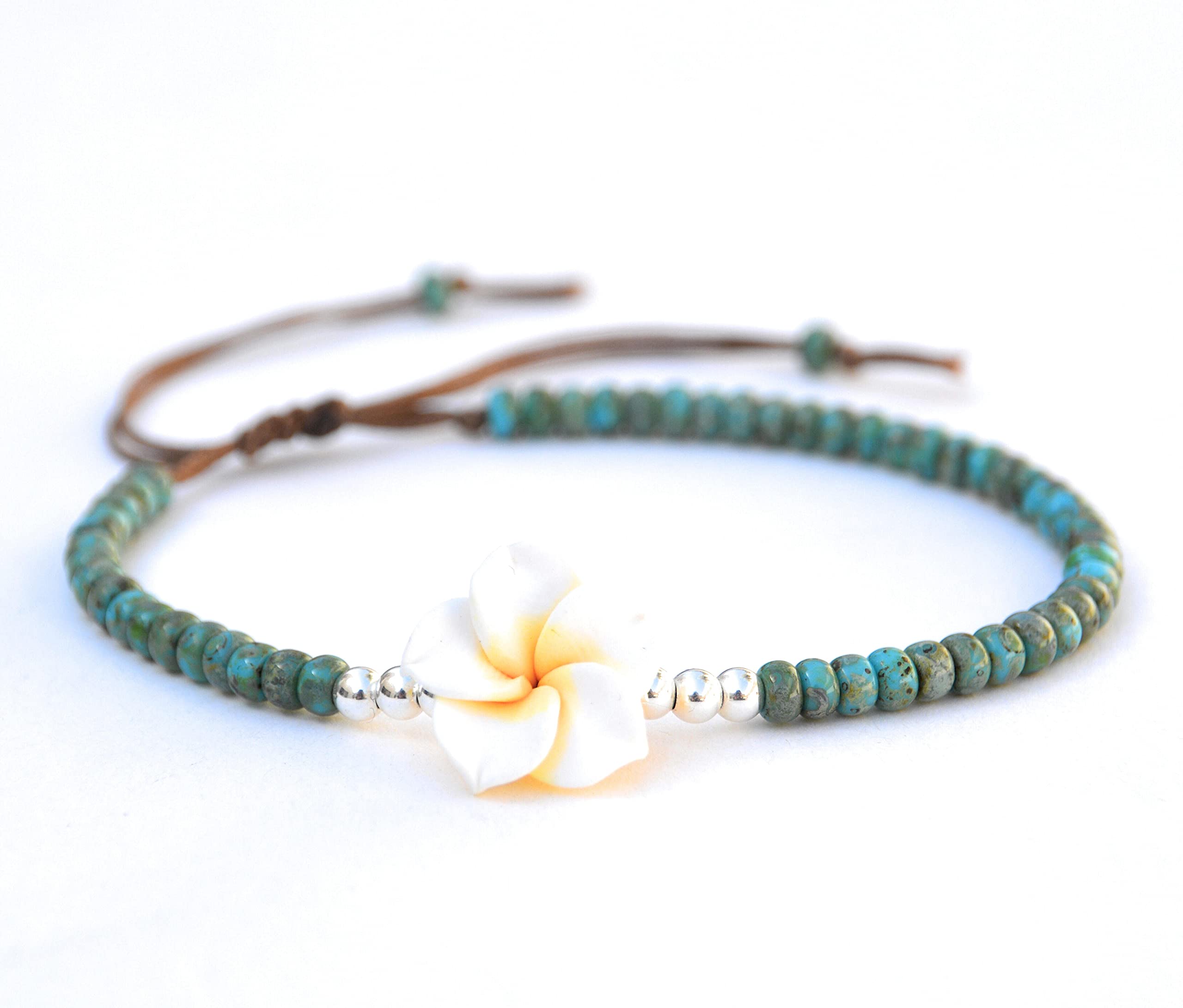 Boho Beaded Anklet for Women and Teen Girls, Unique Bohemian Turquoise and Sterling Silver Beaded Anklet with Hawaii Hawaiian Plumeria Flower, Handmade by Tribes