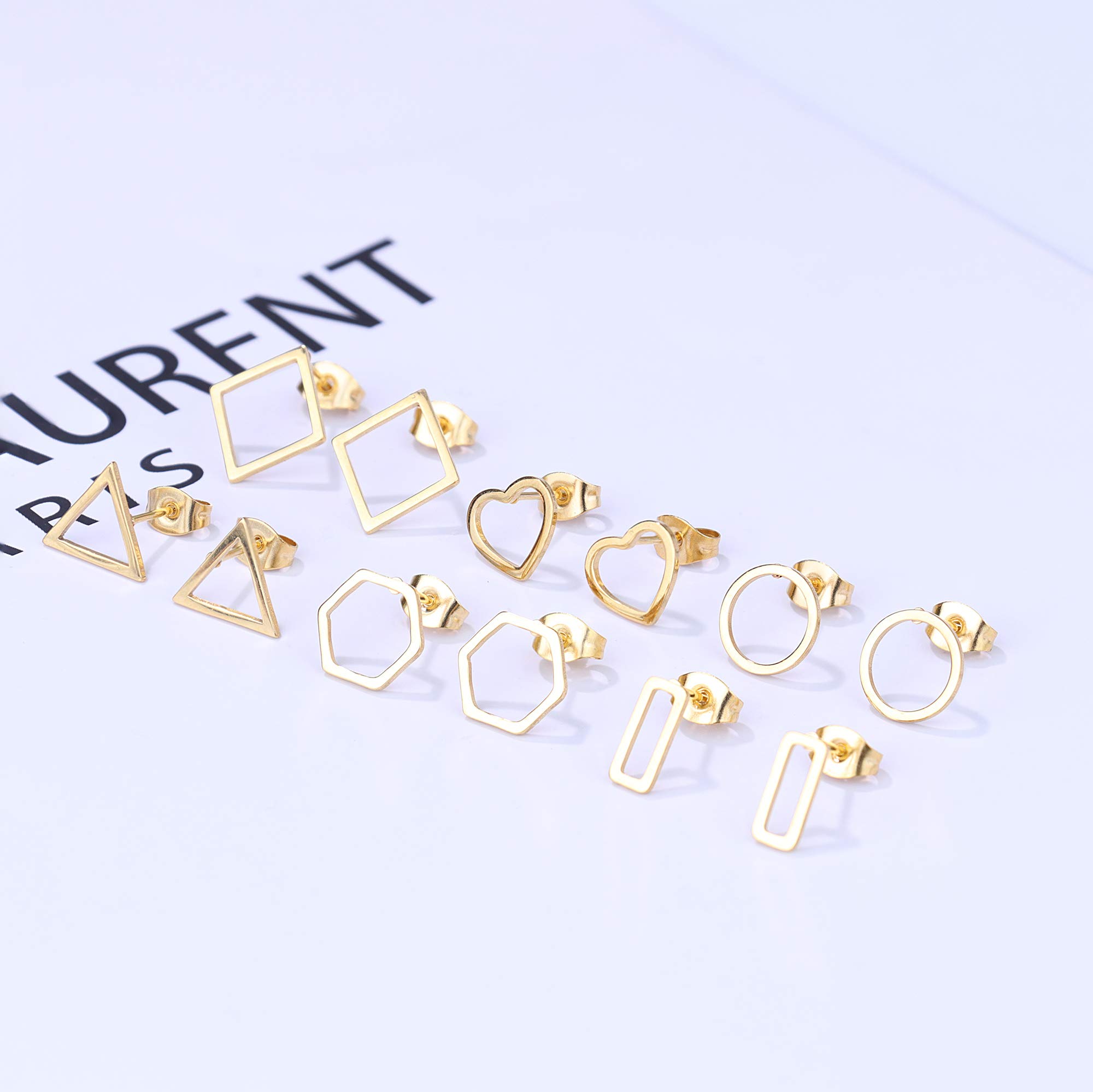 JOERICA Gold Tone Geometric Minimalist Stud Earrings for Women Simple Rhombus Hexagon Triangle Bar Heart Circle Earrings Set