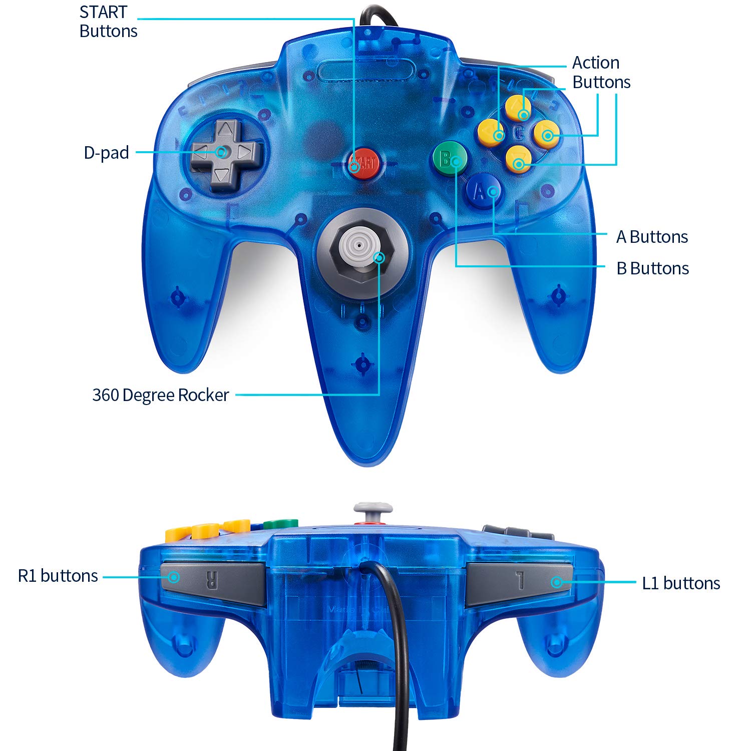 miadore Classic N64 Controller, Wired N64 64-bit Gamepad with Upgraded Joystick Remote for N64 Video Games System N64 Console-Transparent Blue