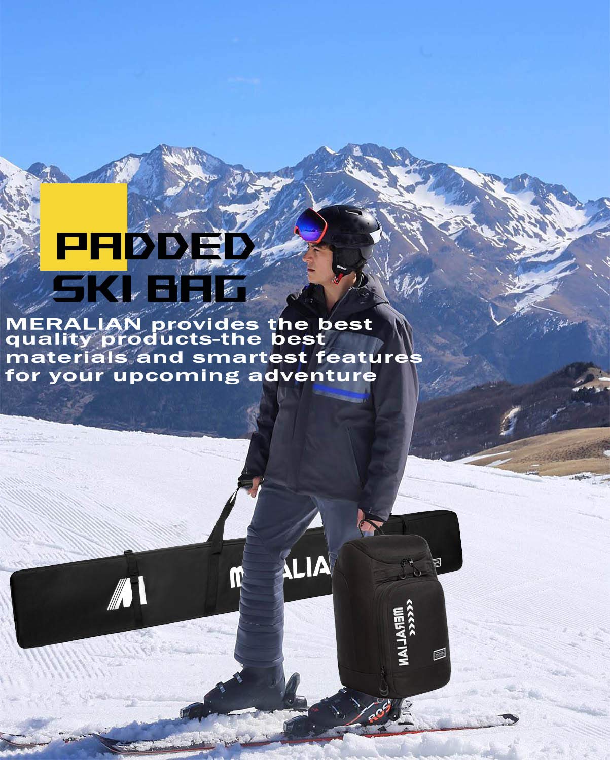 MERALIAN Padded Ski Bag,Waterproof Full Padded Ski Travel Bag with Adjustable Shoulder Strap. (Black, 170CM)