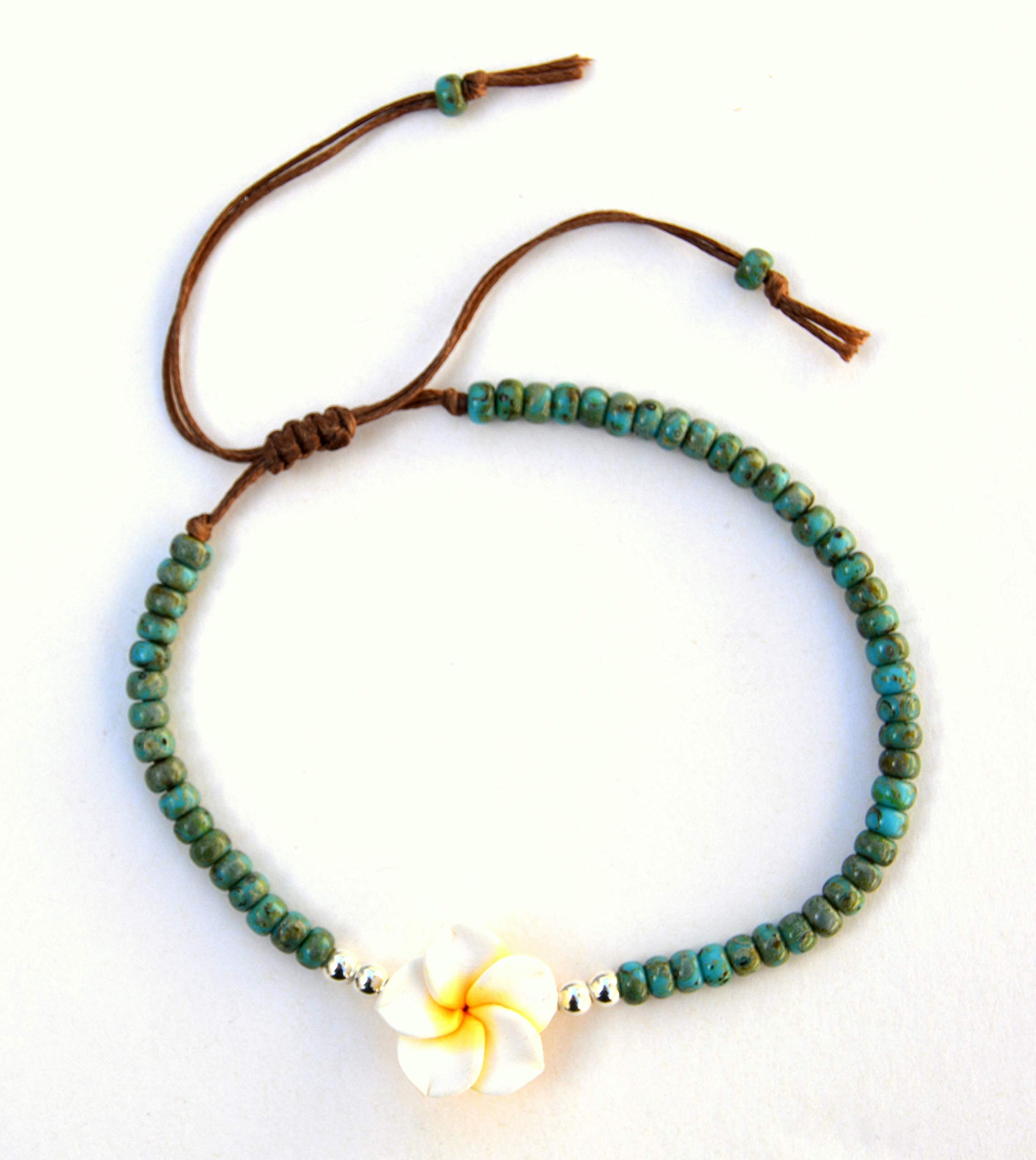 Boho Beaded Anklet for Women and Teen Girls, Unique Bohemian Turquoise and Sterling Silver Beaded Anklet with Hawaii Hawaiian Plumeria Flower, Handmade by Tribes